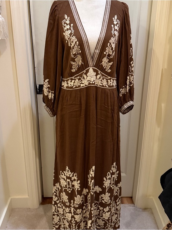 Max studio London Dresses & Skirts - Brown Maxi Dress with Ivory Floral Embroidery